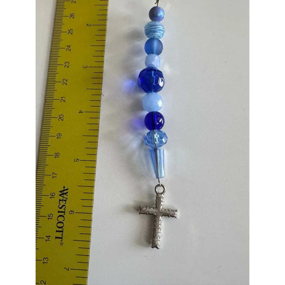 Blue Beaded Cross Keychain Bag Charm Silver Tone‎ Religious Spiritual Accessory
